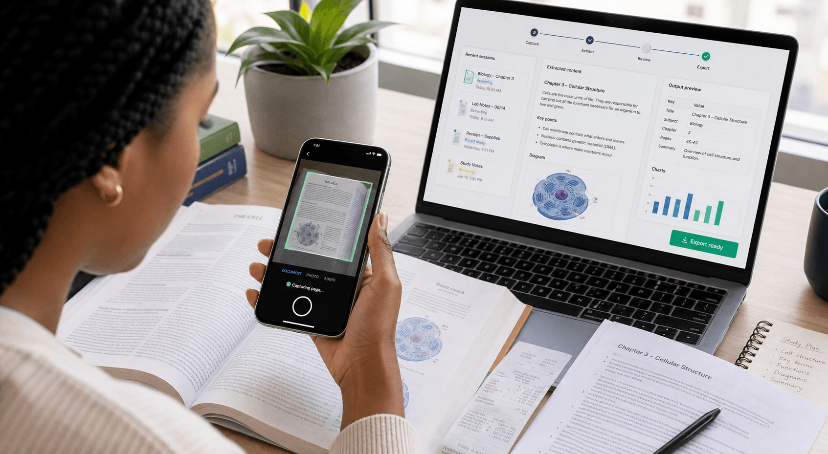 Extraction Intelligence app capturing a textbook page from a phone and syncing extracted results, charts, and export status to a laptop dashboard